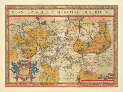 Old Map of Brandenburg by Ortelius, 1598: Berlin, Albis River, Oder River, Marchia Media, Ornate Design