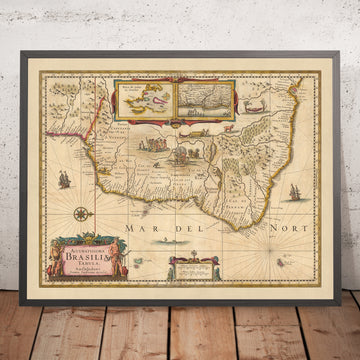 Mappa antica del Brasile di Visscher, 1690: Rio De Janeiro, São Paulo, Salvador, São Luís, Natal 
