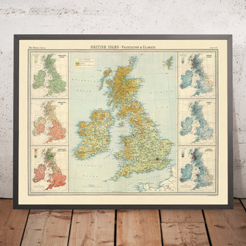 Ancienne carte des îles britanniques de la température et des précipitations par Bartholomew, 1922 : Végétation, chemins de fer, climat 