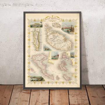 Mappa antica delle possessioni britanniche nel Mediterraneo di Tallis & Rapkin 1851: Gibilterra, Malta, Cipro, Heligoland, Isole Ioniche 