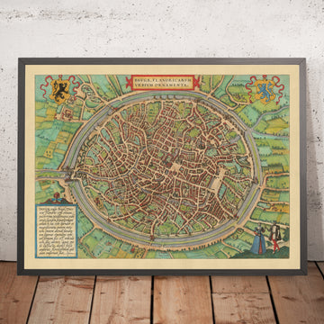 Antiguo mapa a vista de pájaro de Brujas por Braun, 1572: campanario, catedral de San Salvador, iglesia de Nuestra Señora