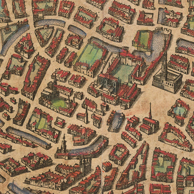 Old Birdseye Map of Bruges by Braun, 1572: Belfry, St. Salvator's Cathedral, Church of Our Lady