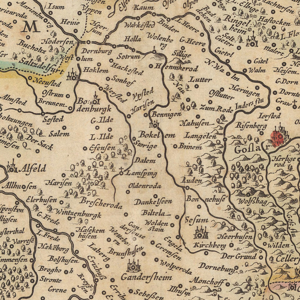 Mapa antiguo de Brunswick y Lüneburg por Visscher, 1690: Hannover, Wolfsburg, Hildesheim, Göttingen, Parque Nacional Harz