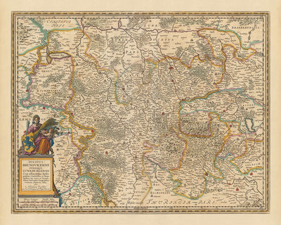 Mapa antiguo de Brunswick y Lüneburg por Visscher, 1690: Hannover, Wolfsburg, Hildesheim, Göttingen, Parque Nacional Harz