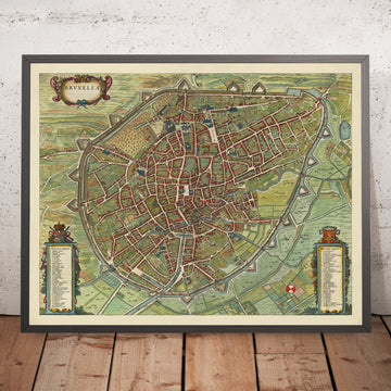 Mappa antica di Bruxelles di Blaeu, 1649: Fortificazioni, Chiese, Edifici Pubblici, Distretti, Giardini 