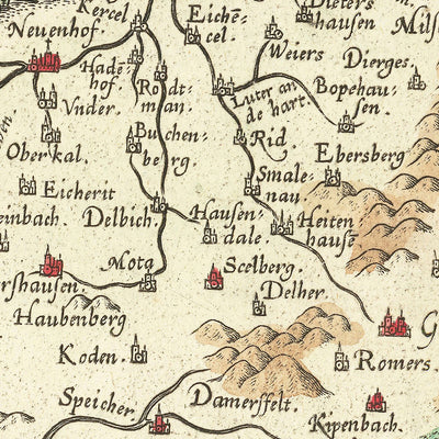 Mapa antiguo de Hesse de Ortelius, 1574: Fulda, Würzburg, ríos, montañas, cartuchos