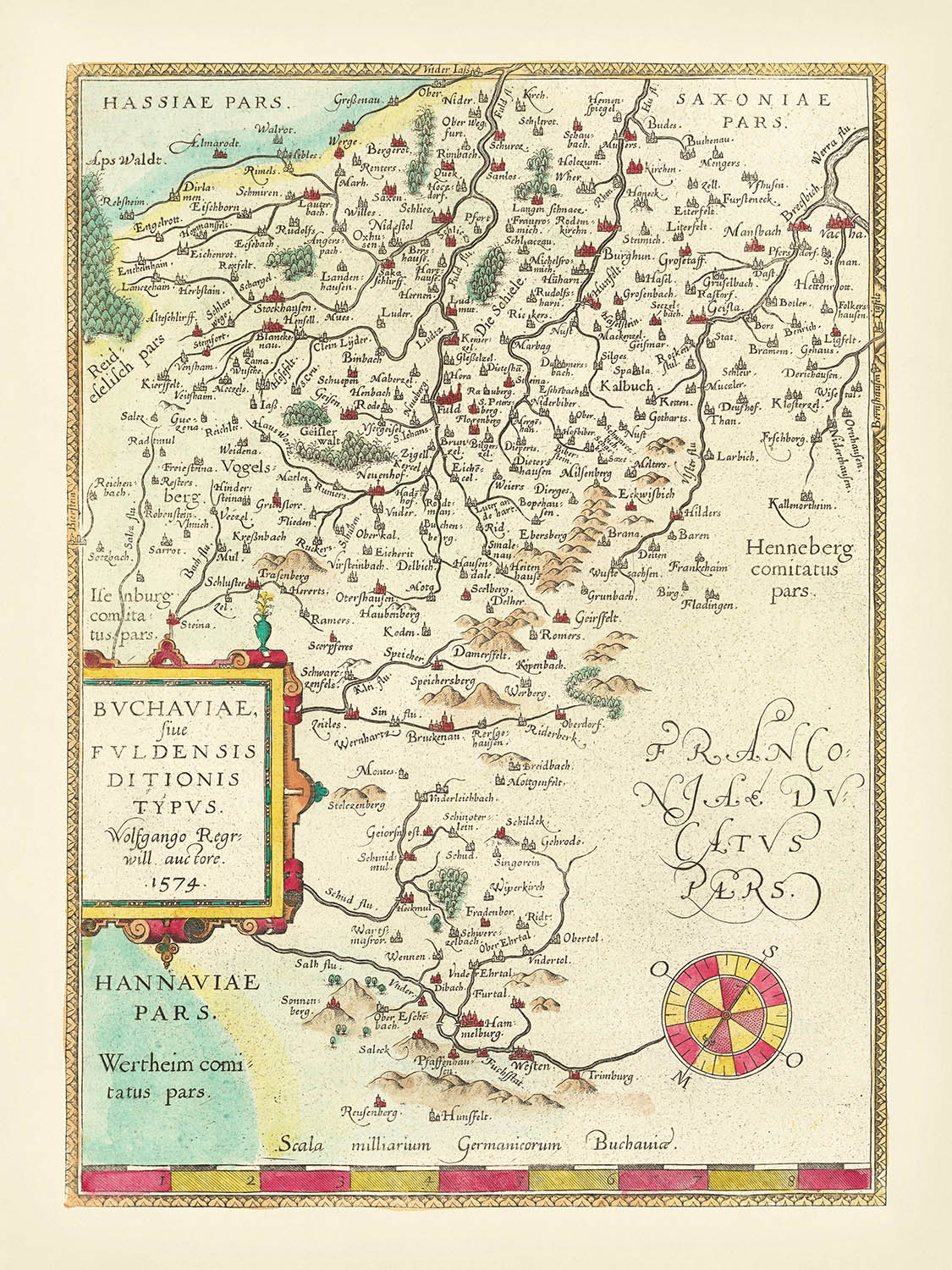 Old Map of Hesse by Ortelius, 1574: Fulda, Würzburg, Rivers, Mountains, Cartouche