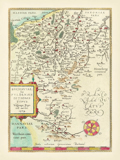 Carte ancienne de la Hesse par Ortelius, 1574 : Fulda, Würzburg, rivières, montagnes, cartouche