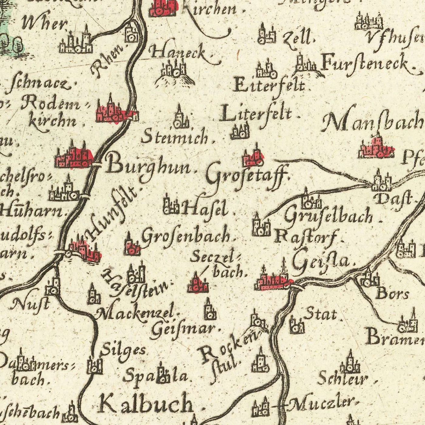 Mapa antiguo de Hesse de Ortelius, 1574: Fulda, Würzburg, ríos, montañas, cartuchos