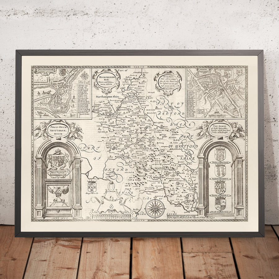 Alte monochrome Karte von Buckinghamshire im Jahr 1611 von John Speed - High Wycombe, Amersham, Buckingham, Milton Keynes 