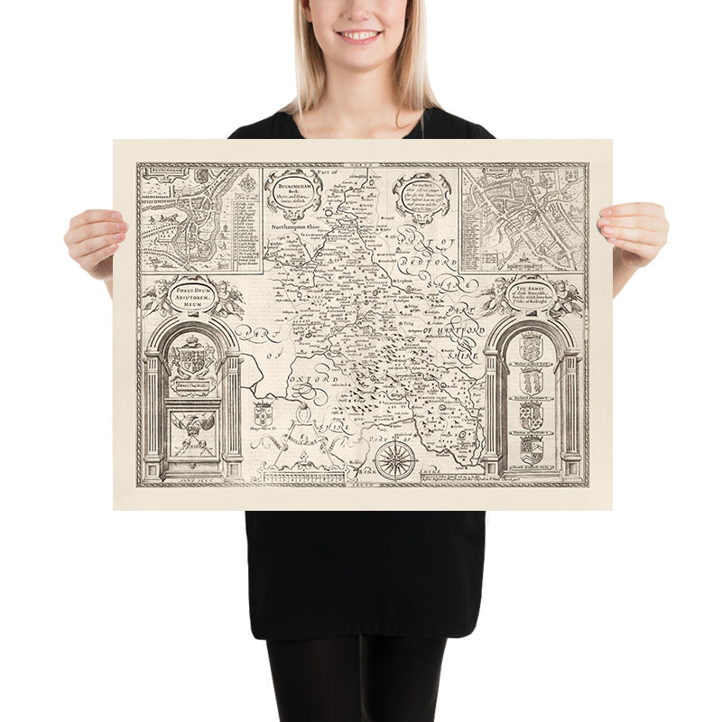 Mapa monocromático viejo de Buckinghamshire en 1611 por John Speed ​​- High Wycombe, Amersham, Buckingham, Milton Keynes