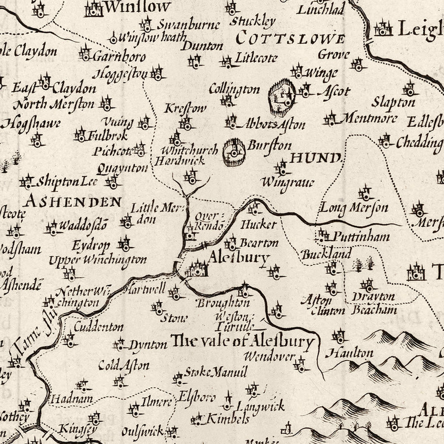 Alte monochrome Karte von Buckinghamshire im Jahr 1611 von John Speed - High Wycombe, Amersham, Buckingham, Milton Keynes 