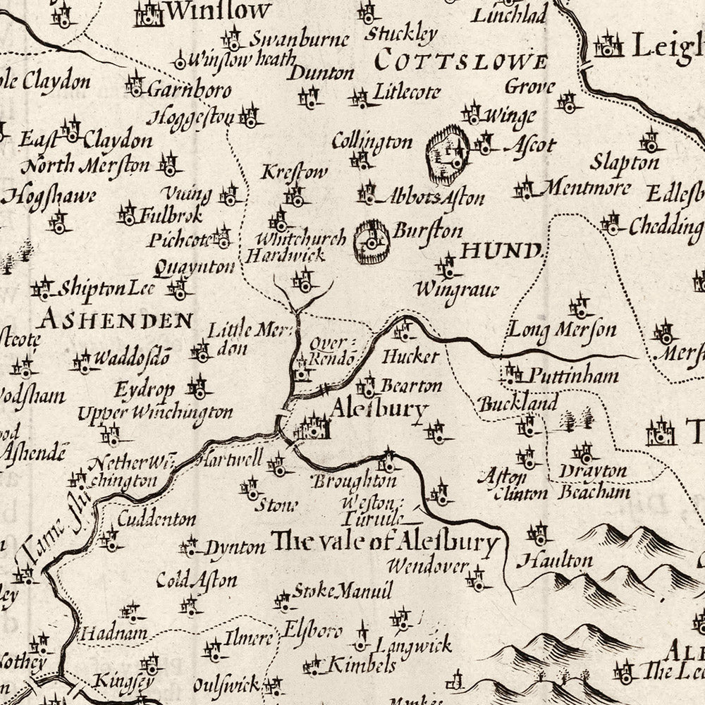 Mapa monocromático viejo de Buckinghamshire en 1611 por John Speed ​​- High Wycombe, Amersham, Buckingham, Milton Keynes