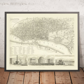 Mapa antiguo de Calcuta (Kolkata), 1840: Fuerte William, Casa de Gobierno, Esplanade Row, Maidan, Puente Howrah 