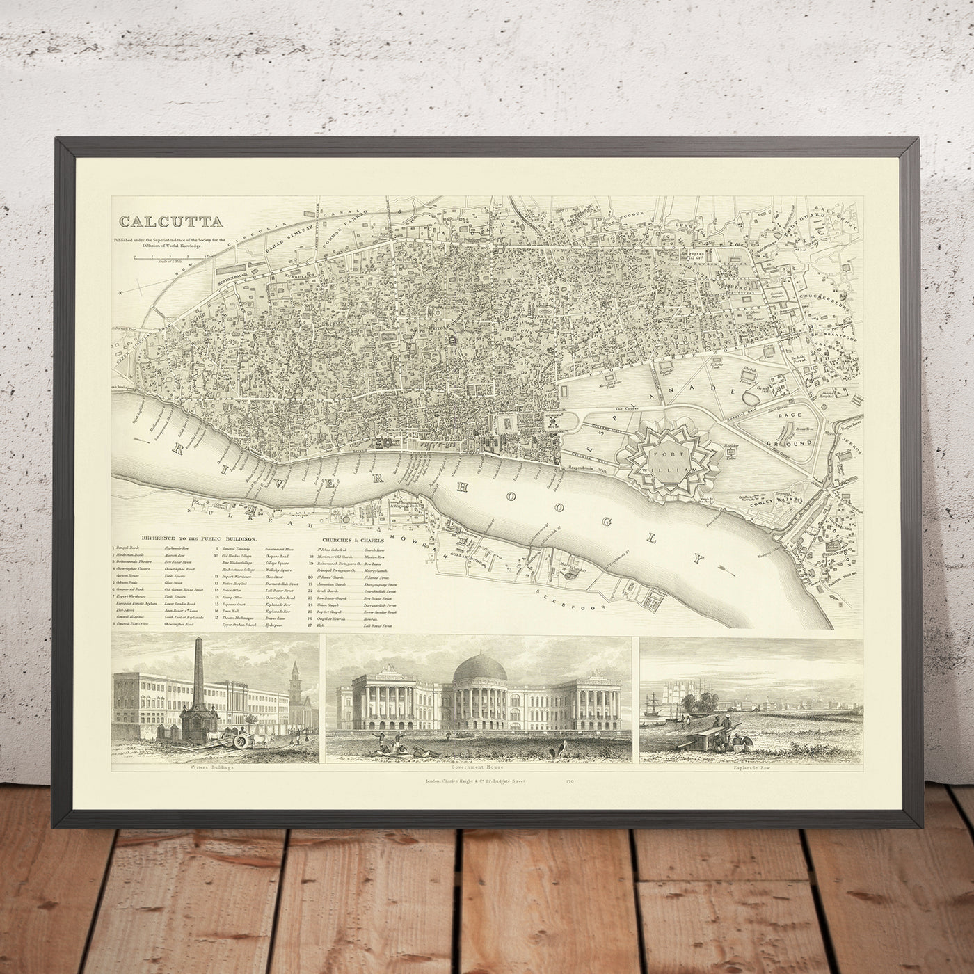 Ancienne carte de Calcutta, 1840 : Fort William, Government House, Esplanade Row, Maidan, Howrah Bridge