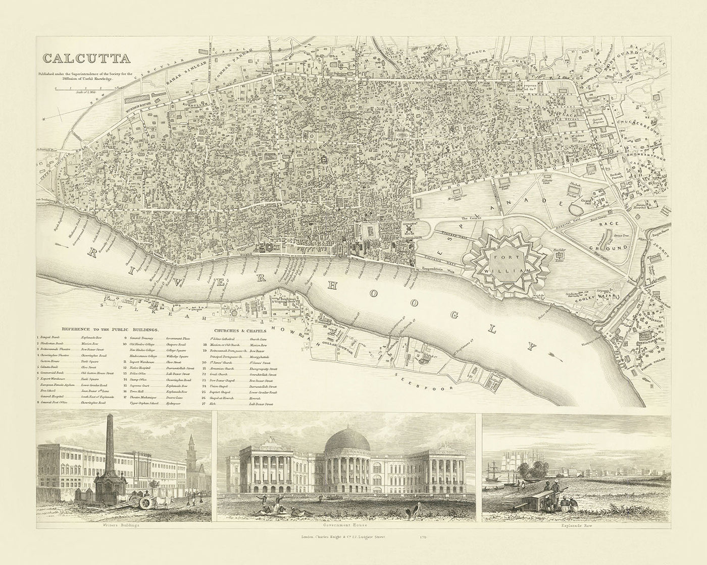 Ancienne carte de Calcutta, 1840 : Fort William, Government House, Esplanade Row, Maidan, Howrah Bridge