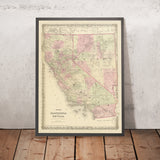 Antica mappa della California e del Nevada di J.H. Colton, 1875: San Francisco, Sacramento, Los Angeles, Carson City e Virginia City 