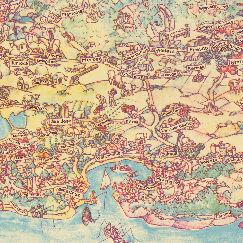 Mapa ilustrado antiguo de California, realizado por De Foy en 1938: Los Ángeles, San Francisco, secuoyas, viñedos y un chino Clipper