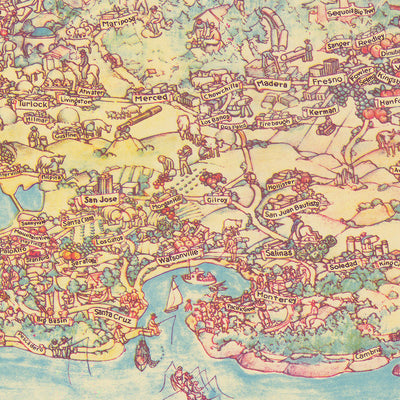 Mapa ilustrado antiguo de California, realizado por De Foy en 1938: Los Ángeles, San Francisco, secuoyas, viñedos y un chino Clipper