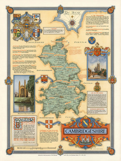 Mapa ilustrado antiguo de Cambridgeshire, realizado por Clegg, 1947: Cambridge, Ely, Segunda Guerra Mundial, King's College, See of Ely