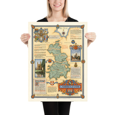 Old Pictorial Map of Cambridgeshire by Clegg, 1947: Cambridge, Ely, WWII, King's College, See of Ely