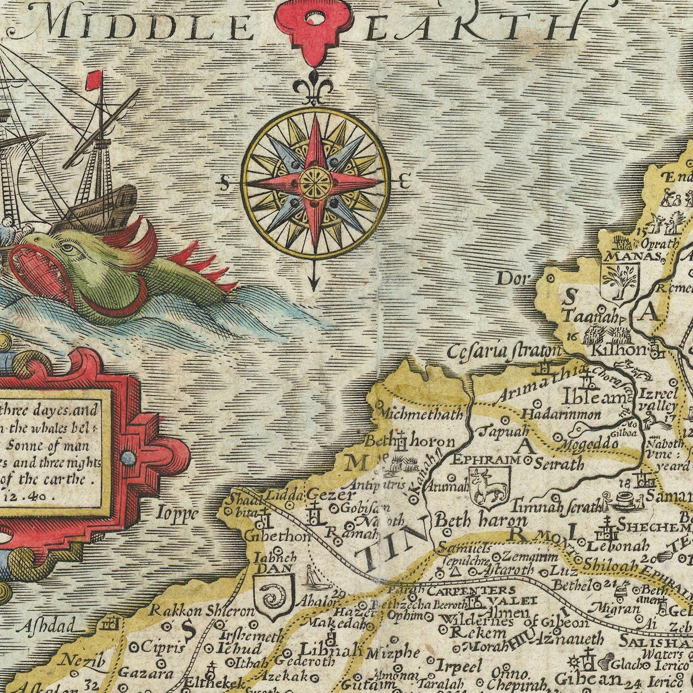 Ancienne carte de Canaan (Terre Sainte) par John Speed, 1611 : Jérusalem, Bethléem, Nazareth, Samarie, Jéricho