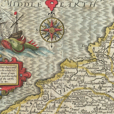 Ancienne carte de Canaan (Terre Sainte) par John Speed, 1611 : Jérusalem, Bethléem, Nazareth, Samarie, Jéricho