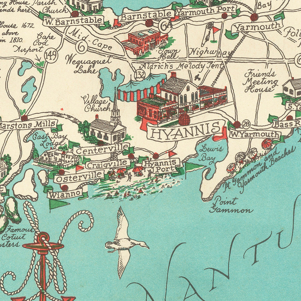 Old Map of Cape Cod, Martha's Vineyard, and Nantucket, 1949 by E. Chase: A Pictorial Adventure