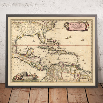 Mapa antiguo del Caribe, Florida y América Central de Visscher, 1690: Luisiana, Texas, Georgia, Yucatán, Triángulo de las Bermudas
