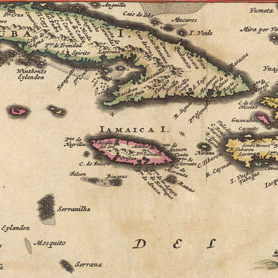 Old Map of the Caribbean, Florida & Central America by Visscher, 1690: Louisiana, Texas, Georgia, Yucatan, Bermuda Triangle