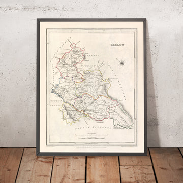 Mapa antiguo del condado de Carlow por Samuel Lewis, 1844: Tullow, Hacketstown, Leighlinbridge, Rathvilly, Myshall