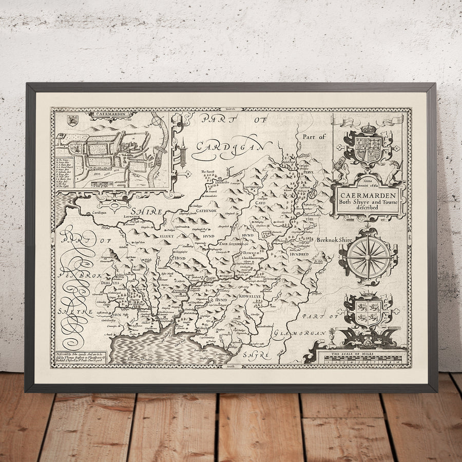 Old Monochrome Map of Carmarthenshire Wales, 1611 by John Speed - Carmarthen, Llanelli, Llandovery, Ammanford