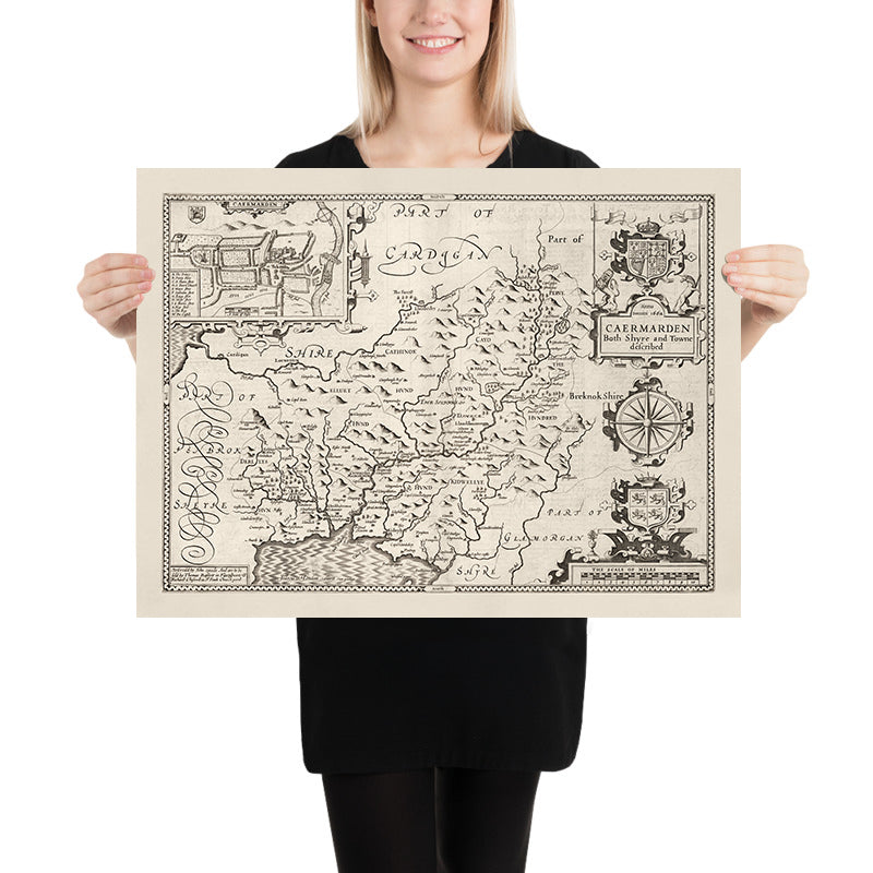 Old Monochrome Map of Carmarthenshire Wales, 1611 by John Speed - Carmarthen, Llanelli, Llandovery, Ammanford
