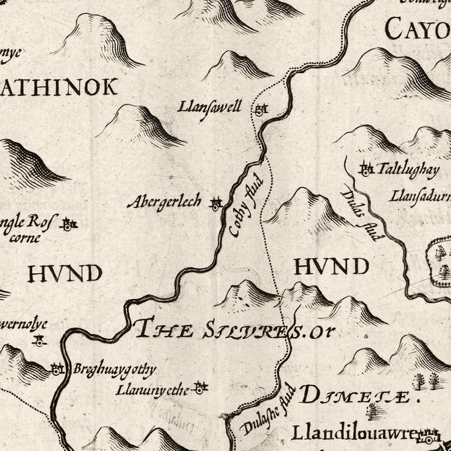 Old Monochrome Map of Carmarthenshire Wales, 1611 by John Speed - Carmarthen, Llanelli, Llandovery, Ammanford