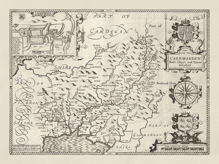 Old Monochrome Map of Carmarthenshire Wales, 1611 by John Speed - Carmarthen, Llanelli, Llandovery, Ammanford