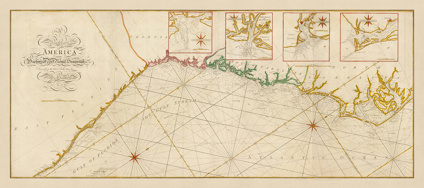 Carta náutica antigua de las Carolinas costeras, Georgia y el este de Florida, realizada por Heather en 1799: Savannah, Charleston, corriente del Golfo