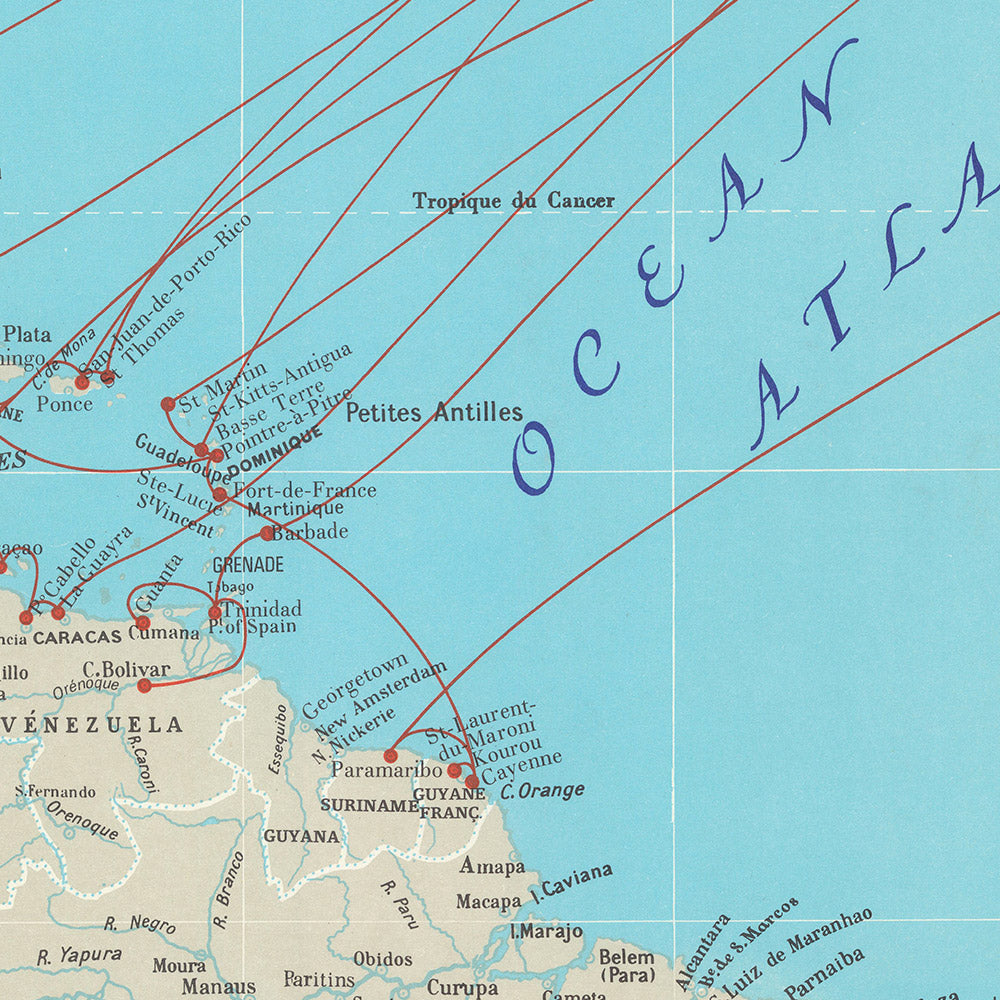 Carte ancienne de la Compagnie Générale Transatlantique par Blondel La Rougery, 1970 : routes maritimes, paquebots, scènes culturelles