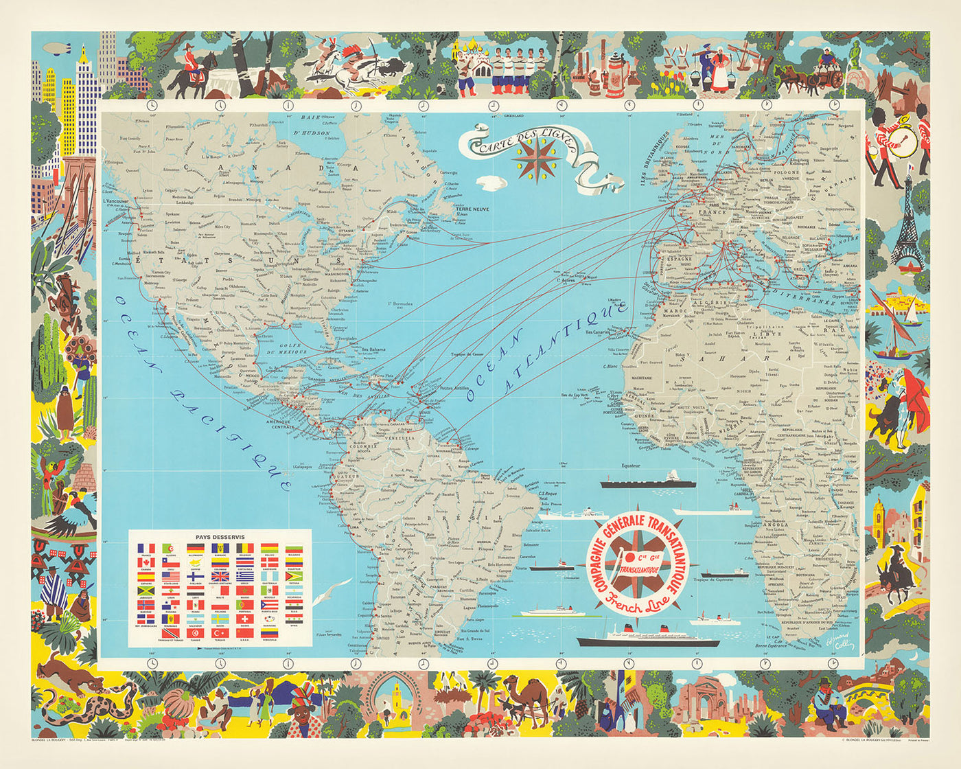 Mapa antiguo de la Compagnie Générale Transatlantique de Blondel La Rougery, 1970: rutas marítimas, transatlánticos, escenas culturales