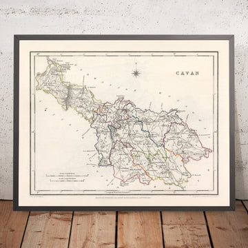 Mapa antiguo del condado de Cavan de Samuel Lewis, 1844: Belturbet, Cootehill, Bailieborough, Virginia y más
