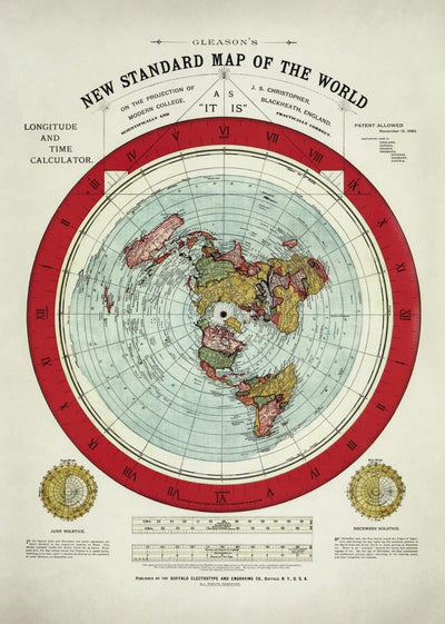 Antiguo mapa del mundo de la Tierra Plana, 1892, por Alexander Gleason - Rara proyección azimutal polar patentada