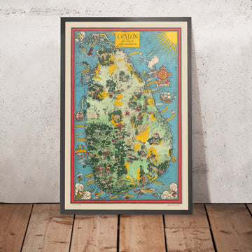 Antigua Mapa Pictórico de Ceilán (Sri Lanka) por Gill, 1933: Elefantes, Té, Colombo, Pico de Adán, Escenas de Selva 