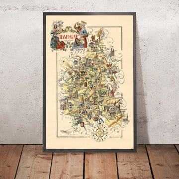 Alter bildlicher Stadtplan von Champagne von Liozu, 1951: Reims, Troyes, Marne, Ardennenwald, Argonnenwald. 