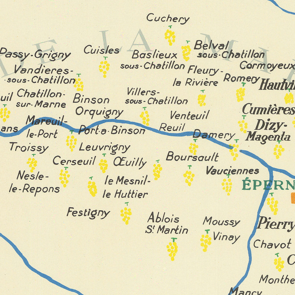 Old Wine Map of Champagne Region by Hetreau, 1954: Reims, Troyes, Epernay, Marne River, Vineyards