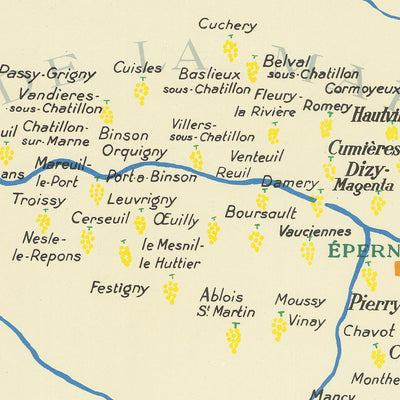 Mapa ilustrado antiguo de la región de Champaña realizado por Hetreau en 1954: Reims, Troyes, Epernay, río Marne, viñedos