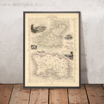 Mapa antiguo de las Islas del Canal (Jersey y Guernsey) de Tallis & Rapkin 1851: St Helier, St Peter Port, Gorey, Castle Cornet, Elizabeth Castle
