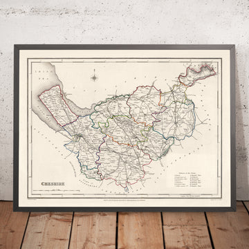 Mapa antiguo de Cheshire por Samuel Lewis, 1844: Warrington, Stockport, Chester, Macclesfield y Crewe 