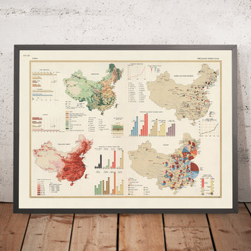Ancienne carte infographique de la Chine, 1967 : Agriculture, Industrie et Commerce 