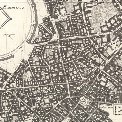 Old Map of Milan by Pinchetti, 1801: Foro Bonaparte, Citadel, Naviglio Canal, Piazzas