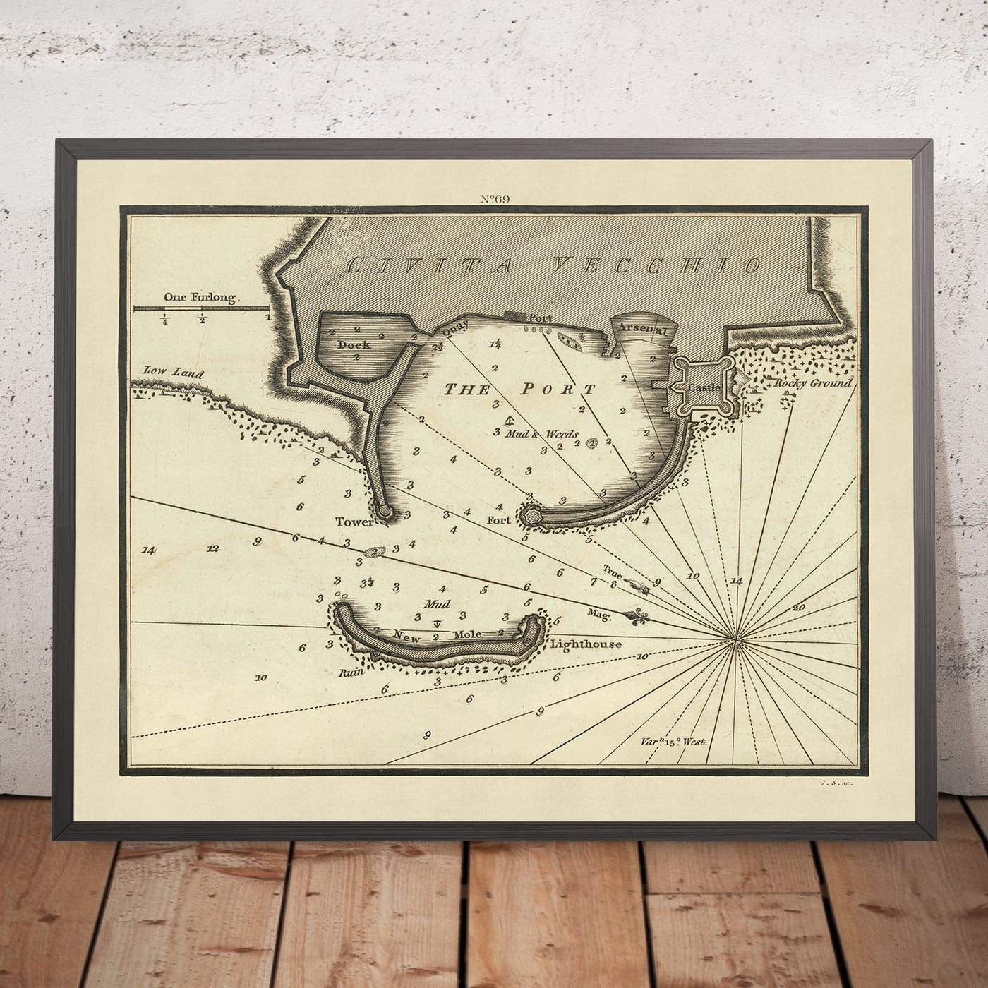 Alte Seekarte von Civitavecchia von Heather, 1802: Hafen, Burg, Leuchtturm
