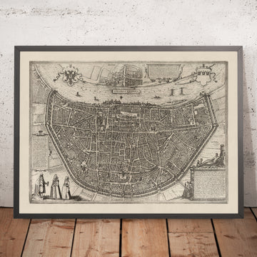 Ancienne carte monochrome de Cologne par Braun, 1575 : Cathédrale, Rathaus, Heumarkt, rivière Rhin, murs de la ville 